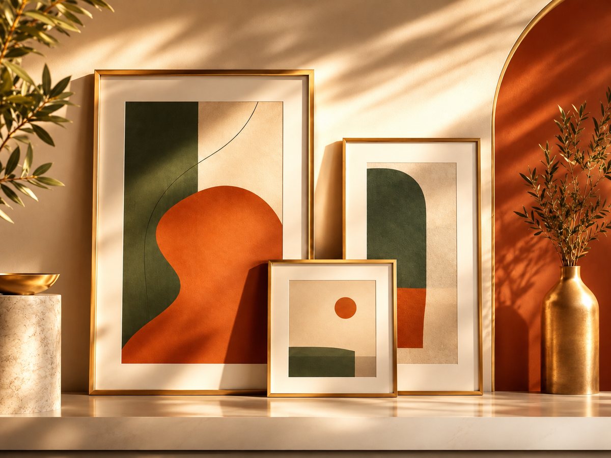 Trois œuvres abstraites encadrées dans un intérieur lumineux, illustration du comparatif des galeries d’art en ligne